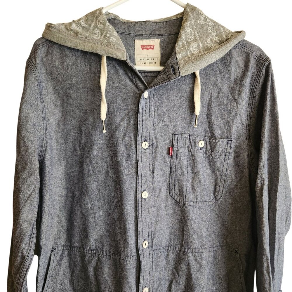 Levi's Mens Chambray Hooded Button up Long Sleeve Shirt Size Small With Pockets